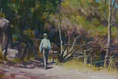 Brian Blanchard, Bushwalk - The Artist's Wife, Brenda, at The Gorge, Launceston, Tasmania, Oil on Board