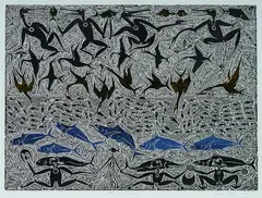 Dennis Nona, Saral Zagal Paliak, Hand Coloured Linocut 13/75