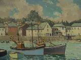 Hugh Boycott-Brown, Seaside Village with Fishing Boats, Oil on Board