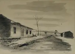 Outback Scene with Man on Verandah by Russell Drysdale, Ink & Wash, sold Aug 2024