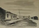 Russell Drysdale, Outback Scene with Man on Verandah, Ink & Wash
