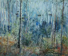 Celia Perceval, Black Cockatoos and Burrawong Ferns in Spotted Gum Forest, Oil on Canvas