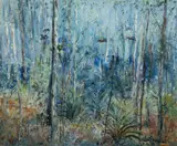 Celia Perceval, Black Cockatoos and Burrawong Ferns in Spotted Gum Forest, Oil on Canvas