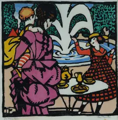 Thea Proctor, The Fountain, 1925, woodcut with hand colouring