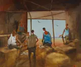 Hugh Sawrey, Yarning Awhile in the Wool Room W[estern] Q[ueensland], Oil on Canvas on Board