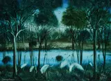 Swamp Birds by Pro Hart, Oil on Board, sold Aug 2024