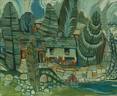 House and Tropical Garden by Elaine Haxton, 1963, Oil on Ply, sold Aug 2024