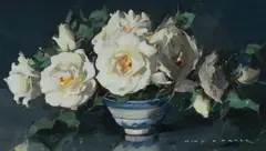 White Peonies in Bowl by Alan Douglas Baker, Oil on Board, sold Aug 2024