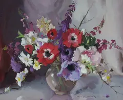 Anemones and Mixed Flowers by Alan Douglas Baker, Oil on Board, sold Aug 2024