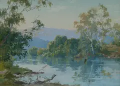 John Charles Allcot, Tree-Lined River with Mountains in Distance, 1937, Gouache