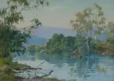 John Charles Allcot, Tree-Lined River with Mountains in Distance