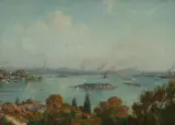 John Charles Allcot, Sydney Harbour from Vaucluse, MV Rys Outward Bound, Oil on Ply