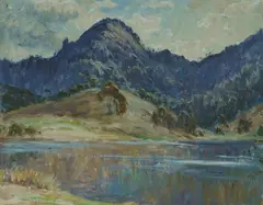 John Rowell, River with Mountain View, Oil on Board