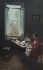 Ernest Buckmaster, Lady Sitting at Dining Table, 1925, Oil on Board