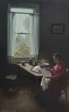 Ernest Buckmaster, Lady Sitting at Dining Table, 1925, Oil on Board