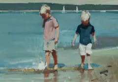 Paul Rafferty, Boys on the Beach, Oil on Board