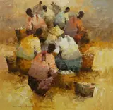 Alfredo Buenaventura, Market Sellers, Oil on Canvas on Board