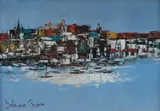 Jehan Chan, River and Town, Oil on Board