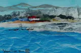 Jehan Chan, Fishing Boats and Coast, 2000, Mixed Media on Paper