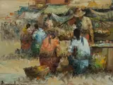 Alfredo Buenaventura, Market Scene, Oil on Canvas on Board