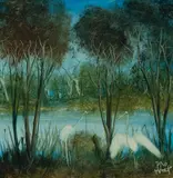 Birds on the Creek by Pro Hart, Oil on Board, sold Jul 2024