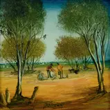 Blade Shearers by Pro Hart, Oil on Board, sold Jul 2024