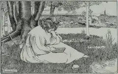 Norman Lindsay, Young Girl Reading, c.1900, Pen & Ink