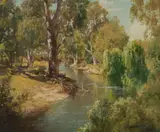 John Charles Allcot, Meandering River with Dappled Light, Oil on Canvas Board