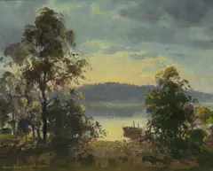 Late Afternoon with Moored Rowing Boat by John Charles Allcot, Oil on Canvas on Board, sold Jul 2024