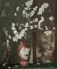 Fruit Tree Blossom in Japanese Vase by Graeme Inson, Oil on Board, sold Jul 2024