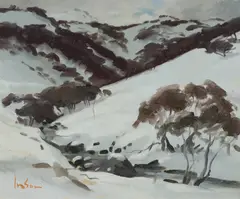 Under Kosciuszko [NSW] by Graeme Inson, 1974, Oil on Board, sold Jul 2024
