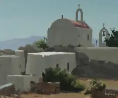 Chapel, Mykonos by Graeme Inson, 1982, Oil on Canvas on Board, sold Jul 2024