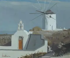 Windmill Santorini by Graeme Inson, 1984, Oil on Canvas on Board, sold Jul 2024