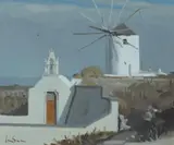 Graeme Inson, Windmill Santorini, 1984, Oil on Canvas on Board