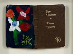 Flowers by Pro Hart, Oil on Bible Cover, sold Jul 2024