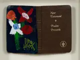 Flowers by Pro Hart, Oil on Bible Cover, sold Jul 2024