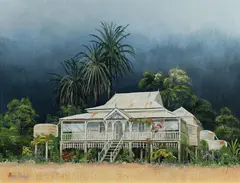 John Milenkovic, Queenslander and Mountain Range, Oil on Board