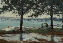 Gary Baker, Figures and Small Boats, Oil on Board