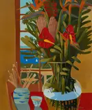 Rodney Black, Red Anthurium, Protea and Bird of Paradise Flowers in Glass Vase, Gouache