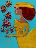 Constantine Popov, Woman in Yellow with Flowers, 2022, Acrylic on Board