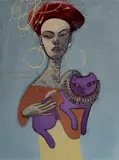 Constantine Popov, Woman with Purple Cat (Silver Background), 2022, Acrylic on Board