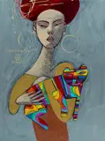 Constantine Popov, Woman with Multi-coloured Cat, 2022, Acrylic on Board