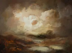 Carl Stringfellow, Wetlands with Herons, Oil on Board