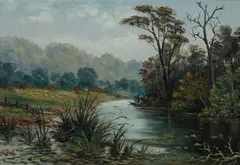 Charles Frederick Gerrard, River Scene with Sheep Grazing, Oil on Board