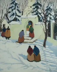 Winter Village Scene by József Csabai-Wágner, Oil on Canvas, sold Jul 2024