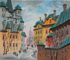 Eastern European Town View by Anatole Krasnyansky, Hand Embellished Serigraph on Linen 42/150, sold Jul 2024