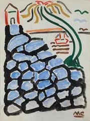 Clifftop House and Palm Tree; Figure Study (verso) by Malcolm de Chazal, Gouache, sold Jul 2024