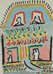 Building with Figures by Malcolm de Chazal, Gouache, sold Jul 2024