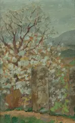 Rupert Bunny, French Landscape with Blossom Tree and Milestone, Oil on Board