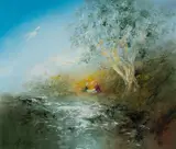 David Boyd, Children Sitting by a Lake, Oil on Canvas
